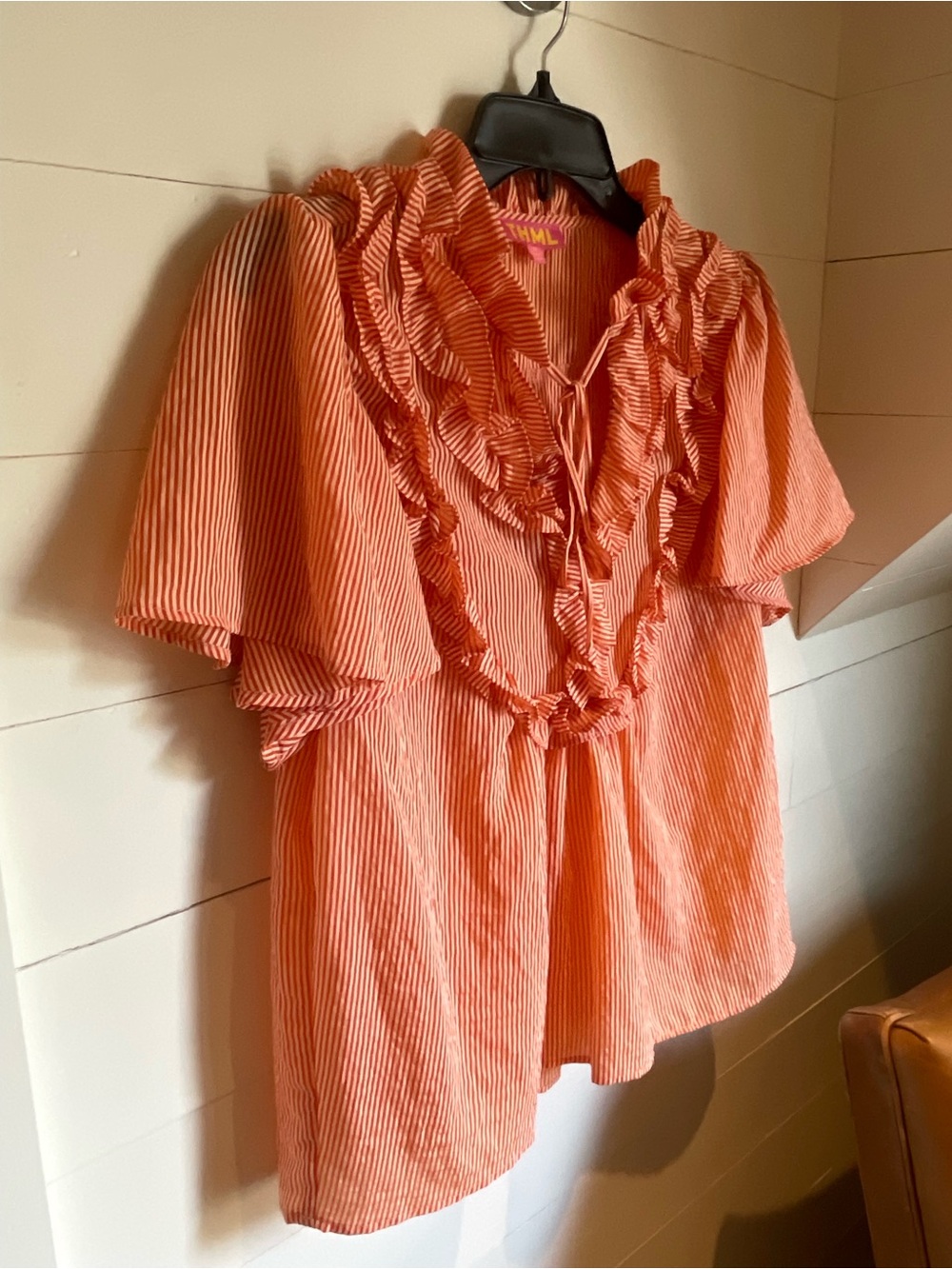THML Coral and White Striped Ruffle Tie-Front Blouse - Picture 4 of 6